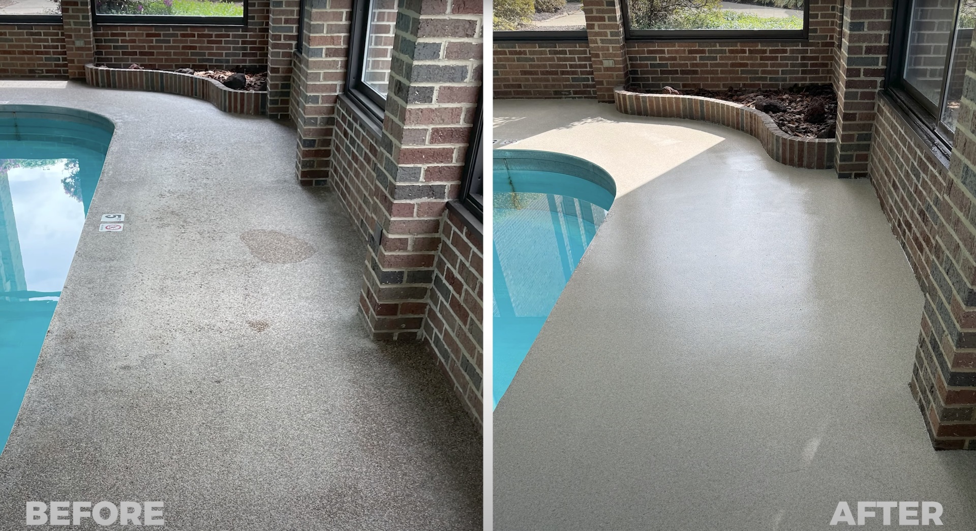 Before and after concrete resurfacing showing transformation of pool deck surface